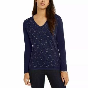 Tommy Hilfiger V Neck Navy Blue Sweater Diamond Pattern
